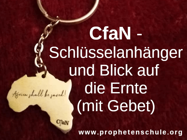 Goldener Schlüsselanhänger auf rotem Tuch mit Text - CfaN-Schlüsselanhänger und Blick auf die Ernte (mit Gebet) -