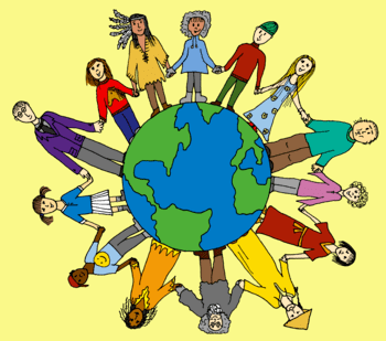 Zeichnung von Weltkugel mit Menschen